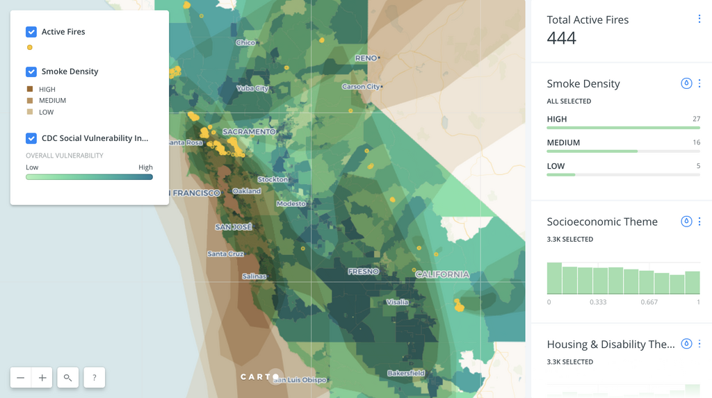 A Carto map data visualization showing Californian wildfire