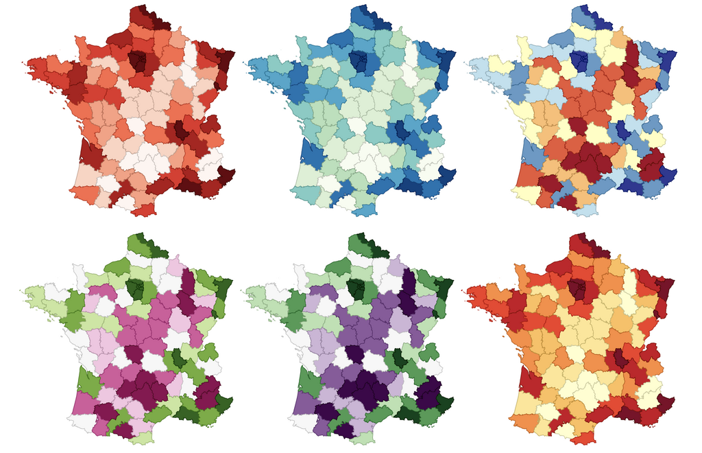 Six choropleth map data visualization examples of France
