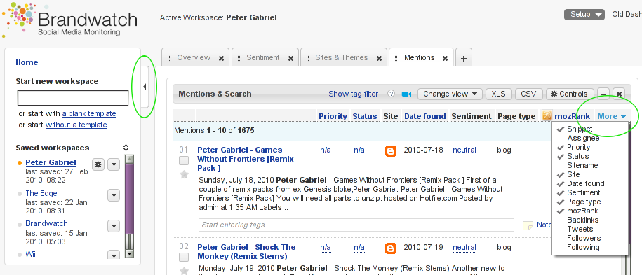 Dashboard with left-hand column widget and More widget highlighted
