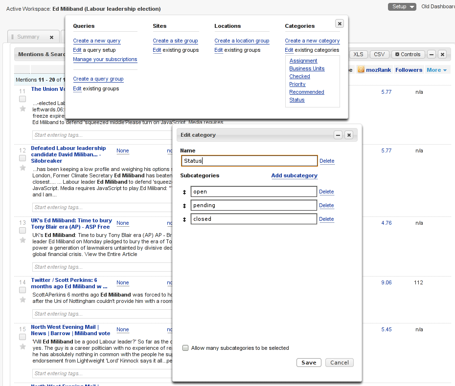 Setup widget and Category management form