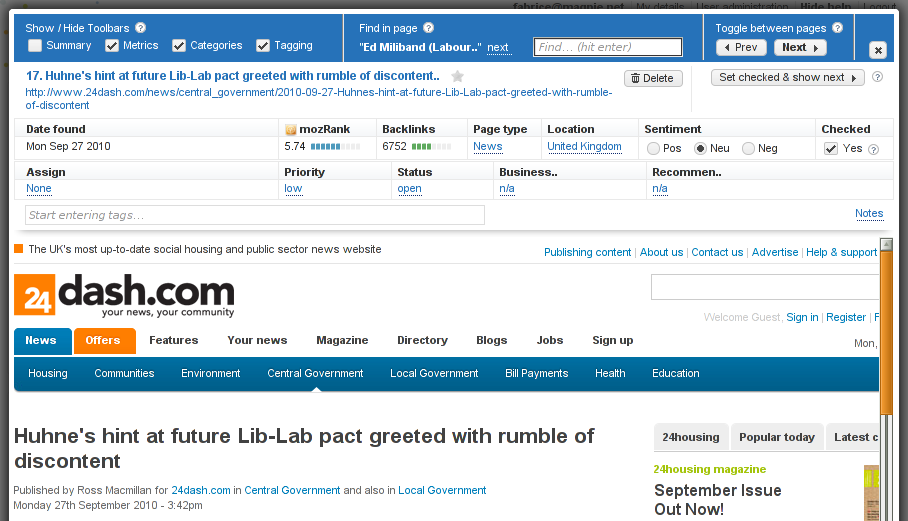 The work area of the Single Mention View