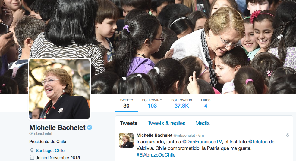 Michelle Bachelet acaba de abrir cuenta en Twitter en octubre de 2016 - BarÃ³metro Online presidentes