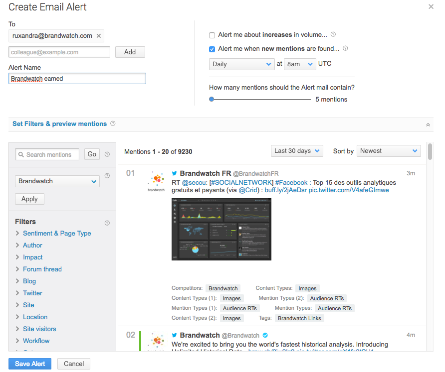 The Brandwatch email alerts wizard