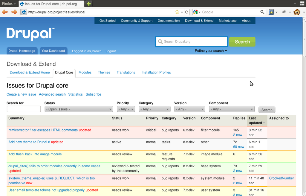 Screenshot-Issues for Drupal core - drupal.org - Mozilla Firefox