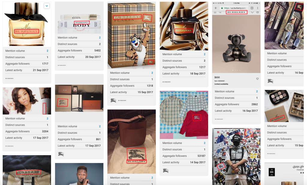 A screenshot from the Brandwatch platform showing images containing Burberry's logo. Some are of perfume, some of bags, some of shops on the street and one of Tony the Frosties Tiger on the front of a box!