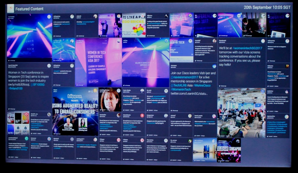 An image of the 'featured content' Vizia tile during Women in Tech Conference Asia. It shows a mix of tweeted text and images