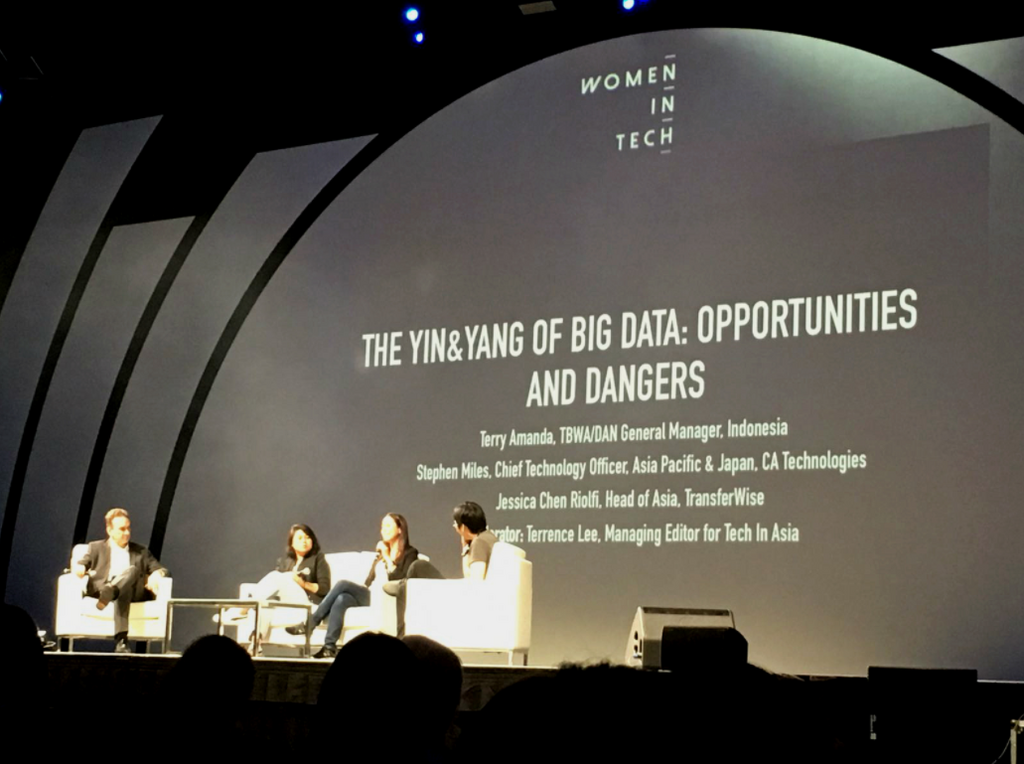 A shot of the stage at Women in Tech Conference Asia where four people are discussing the opportunities and dangers of big data