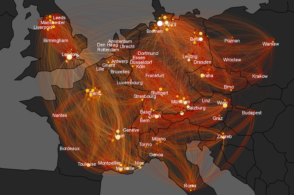 A Gephi network visualization using geographical data