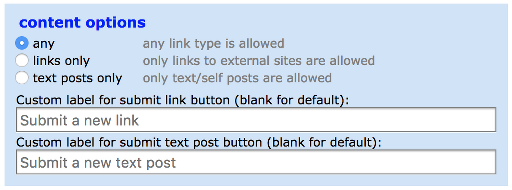 The content options around link and text posts for creating a subreddit