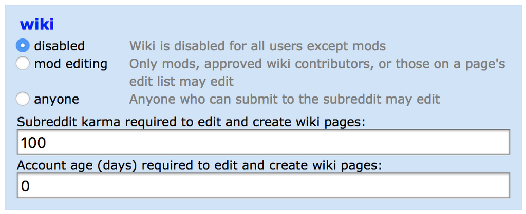 The wiki creation and editing options when creating a subreddit