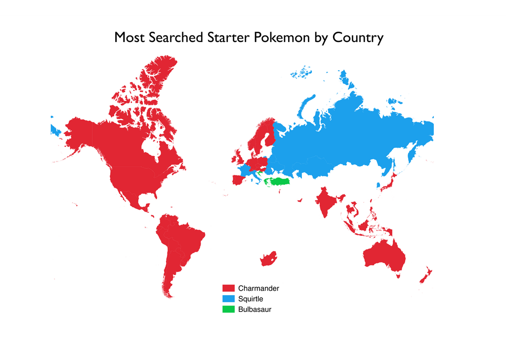 A QGIS map visualizing which are the most searched stater Pokemon by country