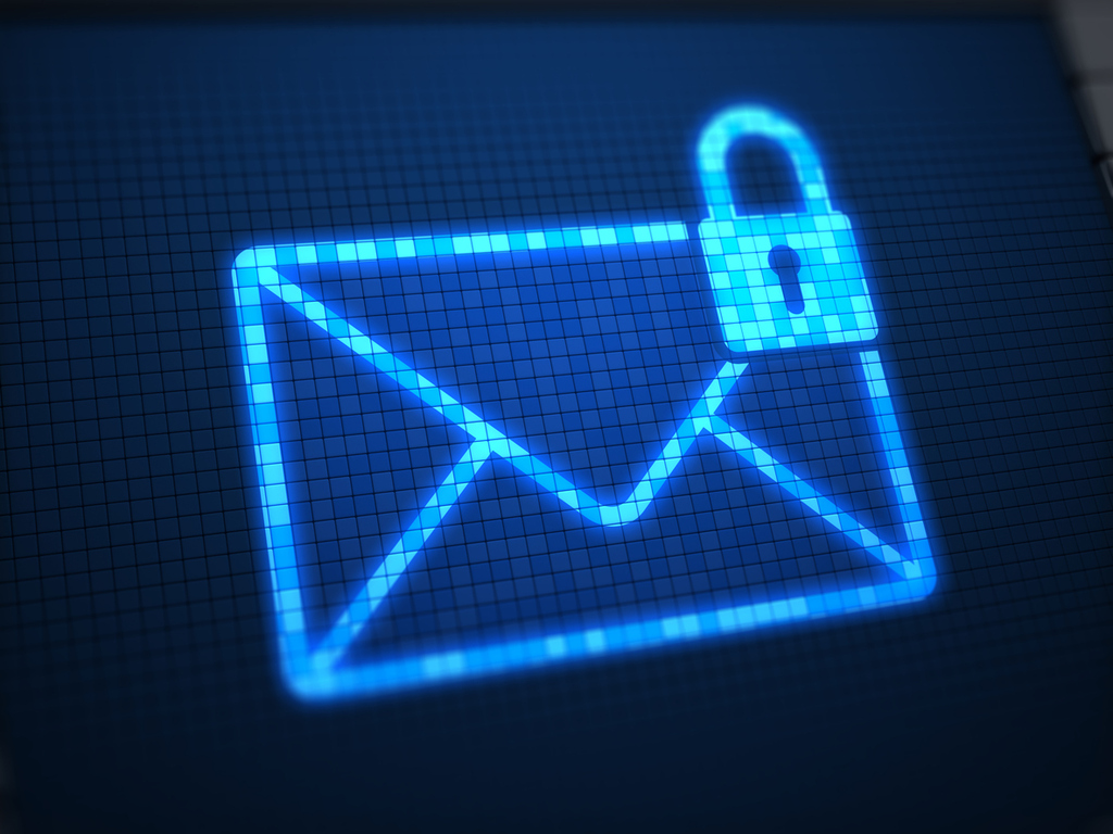 A pixelated email envelope logo with a padlock image in the corner