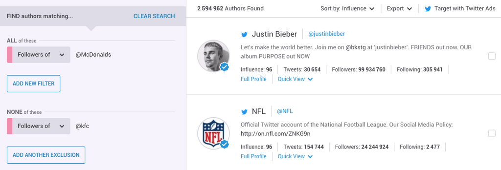 Justin Bieber and NFL appear as accounts that follow McDonalds but not KFC (along with 2.5 million other authors)
