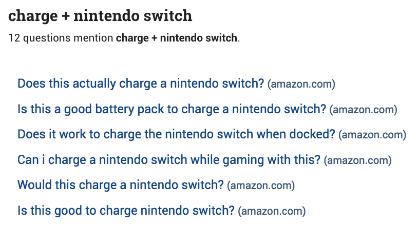 A screenshot from the BuzzSumo platform showing six questions about Nintendo's chargers