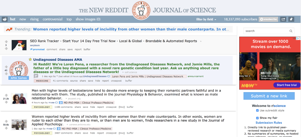 A screenshot of the Science subreddit