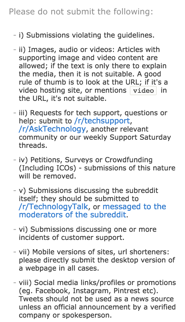 A sample of the technology subreddit's rules
