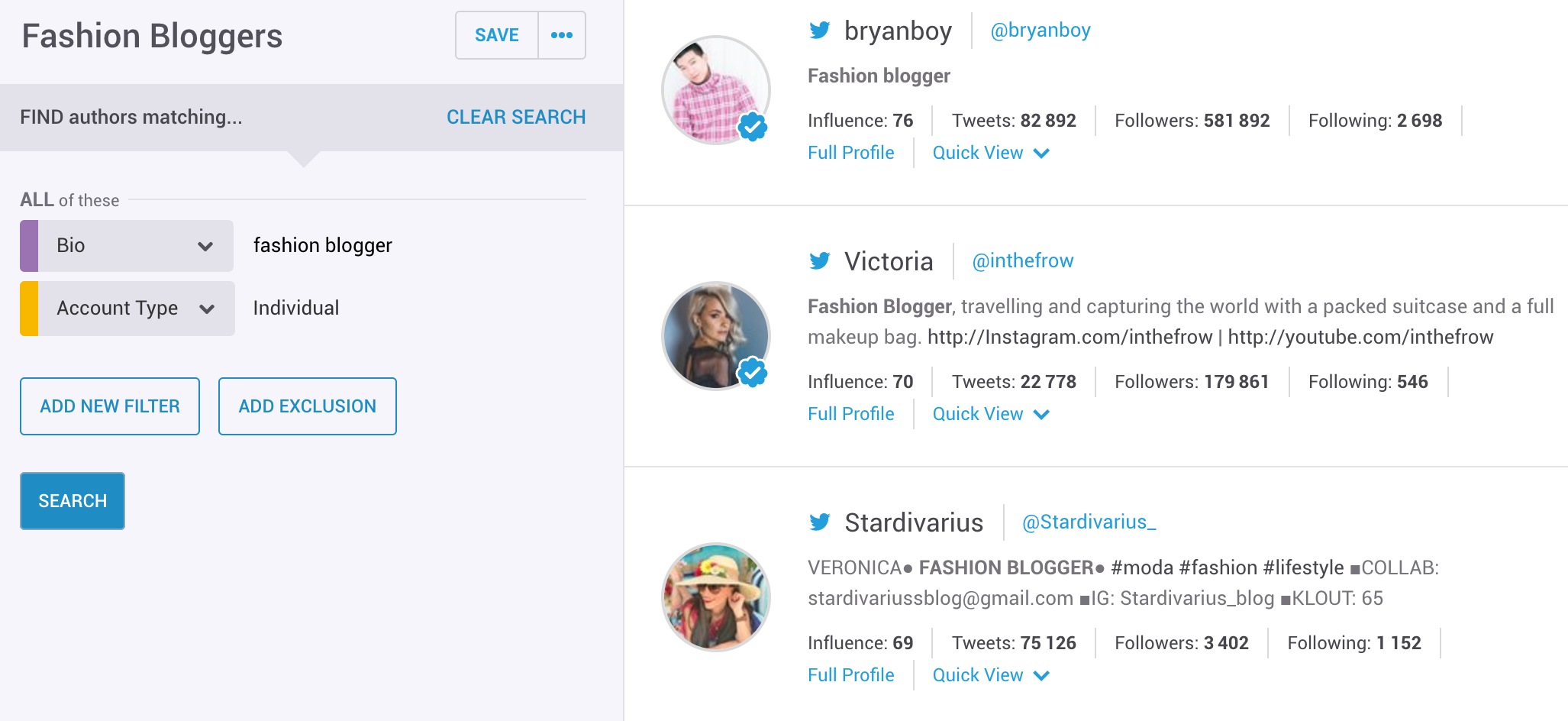 A screenshot from the Brandwatch Audiences tool in which a list of fashion bloggers appears